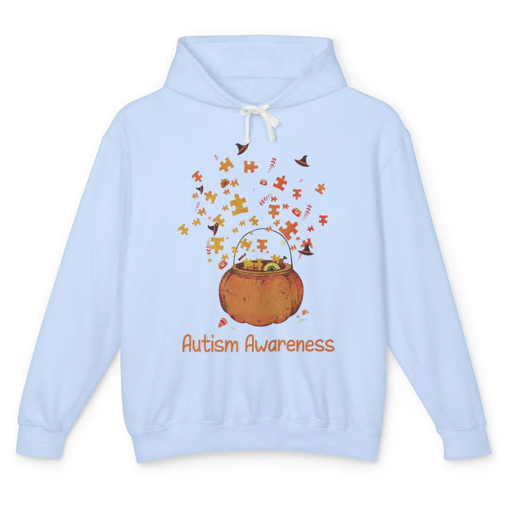 Halloween Autism Awareness Puzzle Piece Pumpkin Fall Unisex Lightweight Hoodie