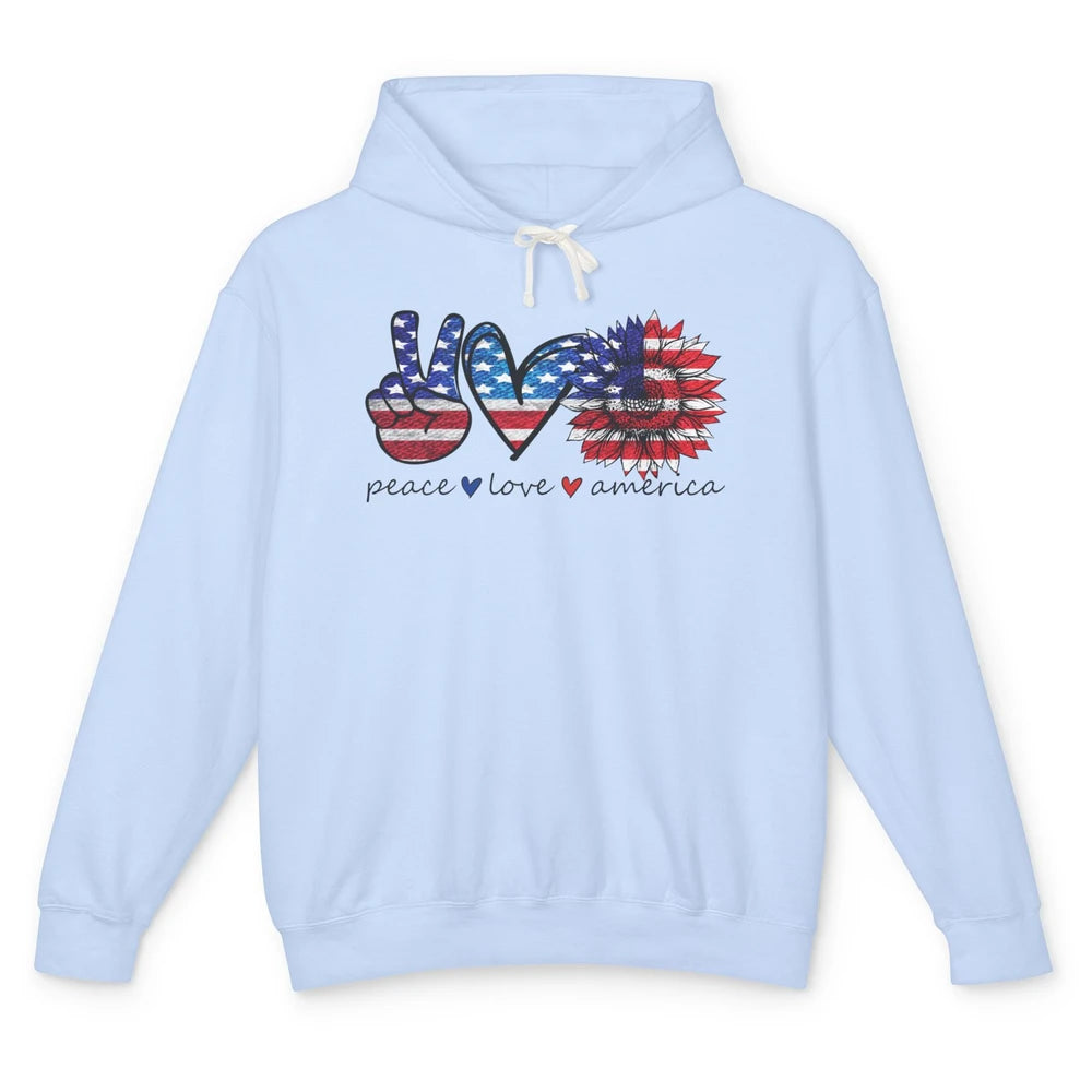 Peace Love America Flag Sunflower 4th of July Memorial Day Unisex Lightweight Hoodie