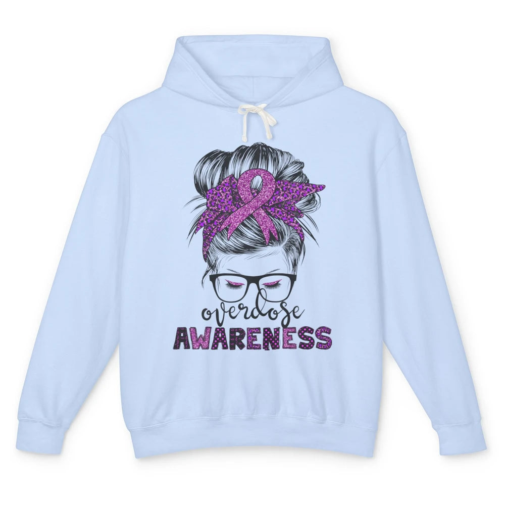 Overdose Awareness Messy Hair Bun Purple Leopard Warrior Unisex Lightweight Hoodie