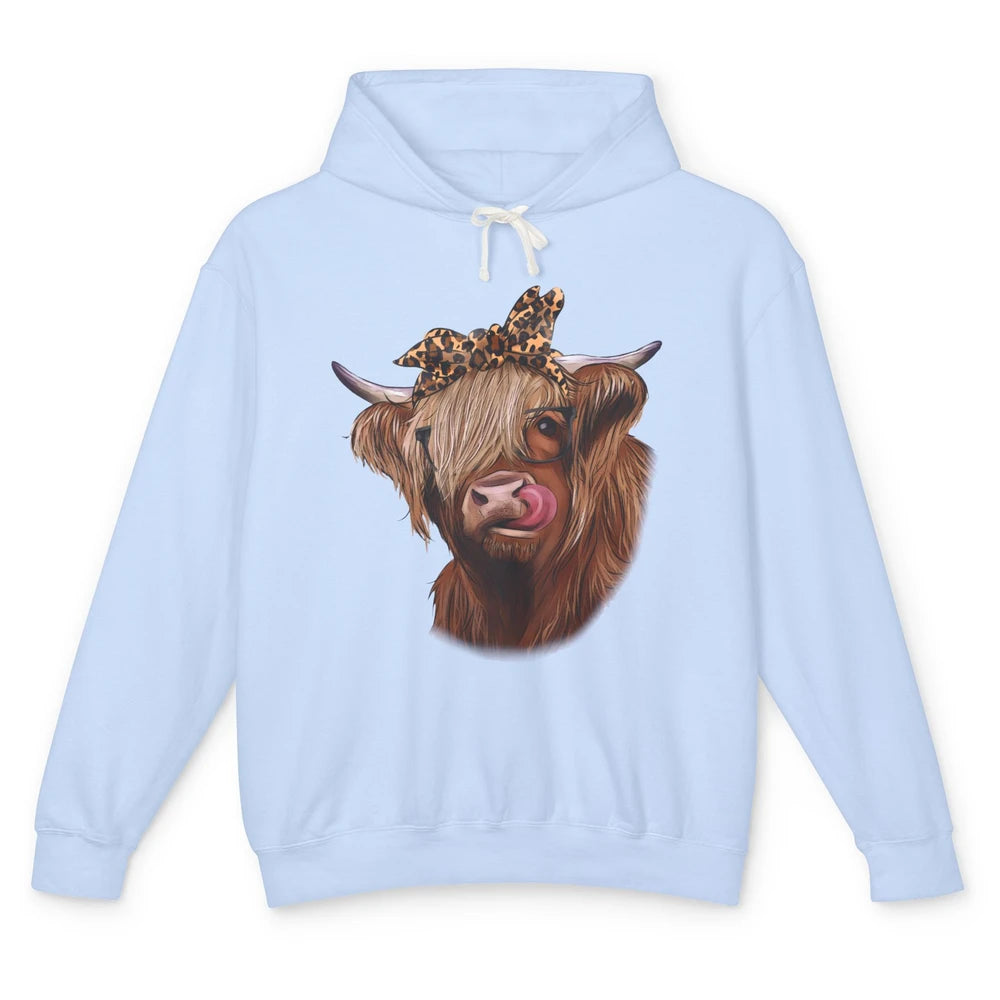 Highland Cow Glasses Leopard Bandana Western Farm Animals Unisex Lightweight Hoodie