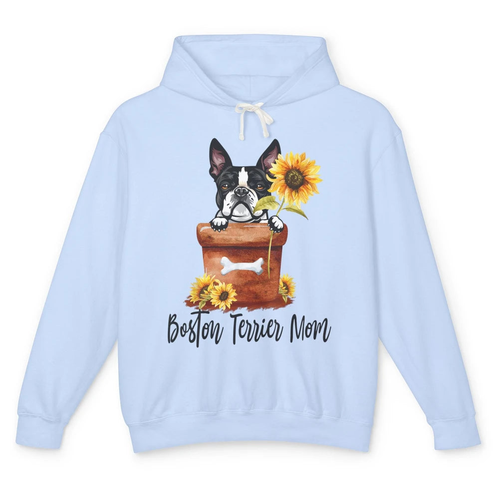 Funny Boston Terrier Dog Face Sunflowers Puppy Dog Mom Mama Unisex Lightweight Hoodie