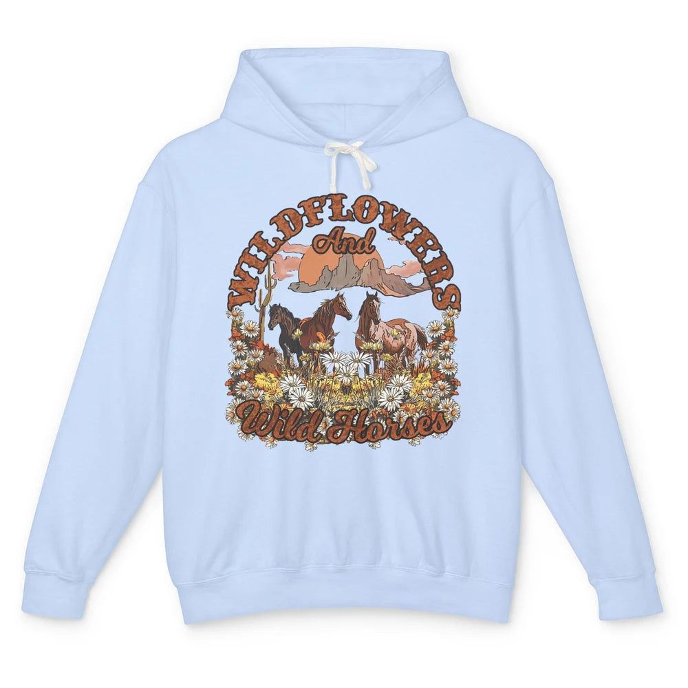 Retro Floral Desert Wildflowers Wild Horses Western Country Unisex Lightweight Hoodie