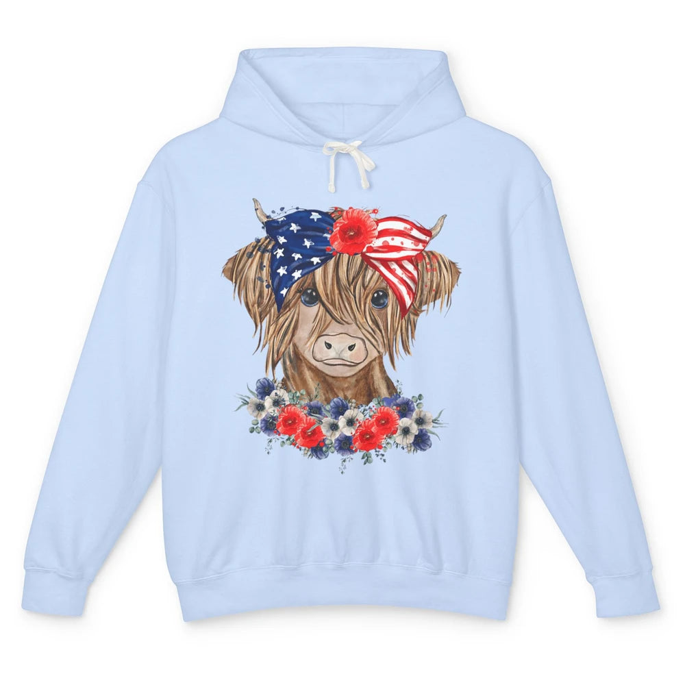 Funny Heifer Highland Cow Bandana America Flag 4th Of July Unisex Lightweight Hoodie