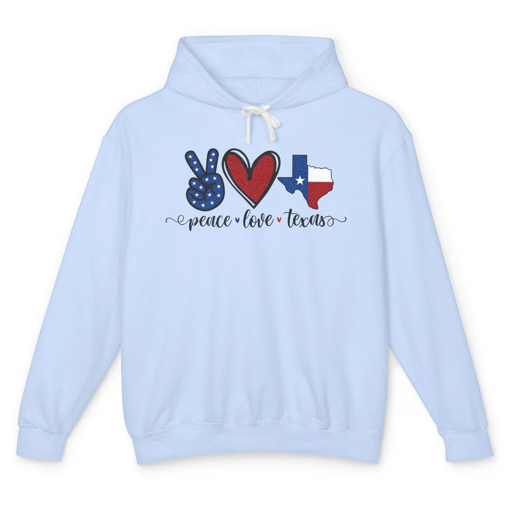 US Flag Peace Love Texas State Map Texan Pride Western Unisex Lightweight Hoodie