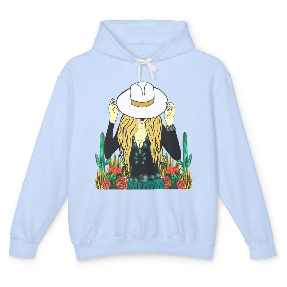 Desert Punchy Cowgirl Hat Western Country Cactus Howdy Retro Unisex Lightweight Hoodie