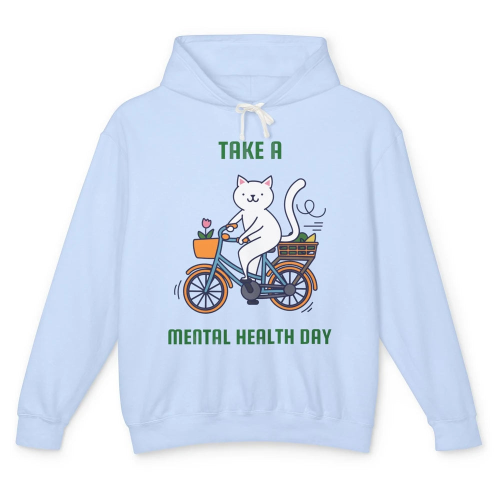 Take A Mental Health Day Cute Cat Bike Positive Therapist Unisex Lightweight Hoodie