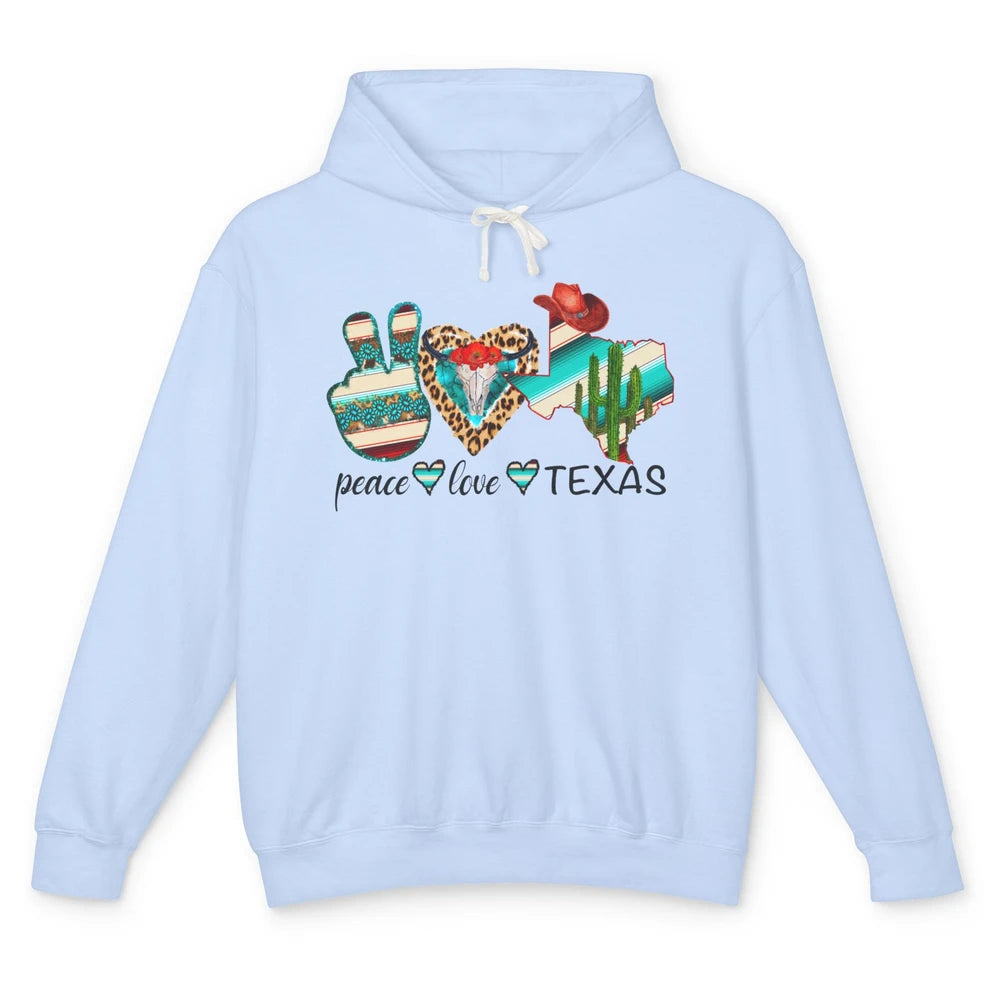 Peace Love Texas Cow Skull Western Country Cowboy Hat Cactus Unisex Lightweight Hoodie