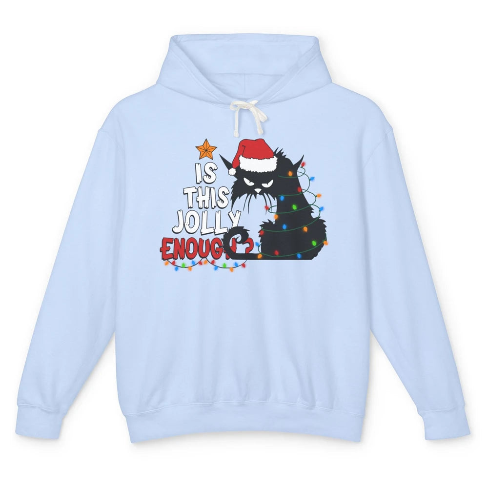 Funny Black Cat Christmas Light Santa This Jolly Enough Gift Unisex Lightweight Hoodie