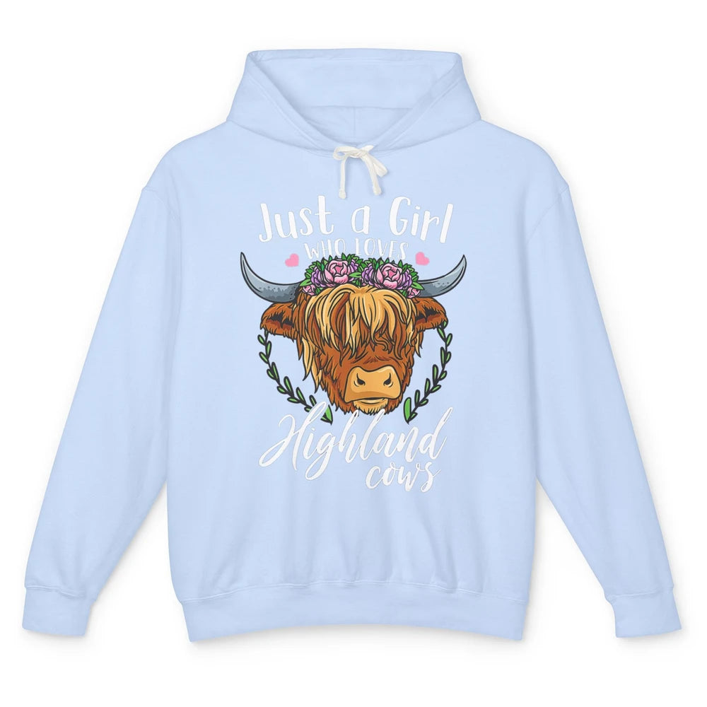 Vintage Just Girl Loves Highland Cow Floral Western Animal Unisex Lightweight Hoodie