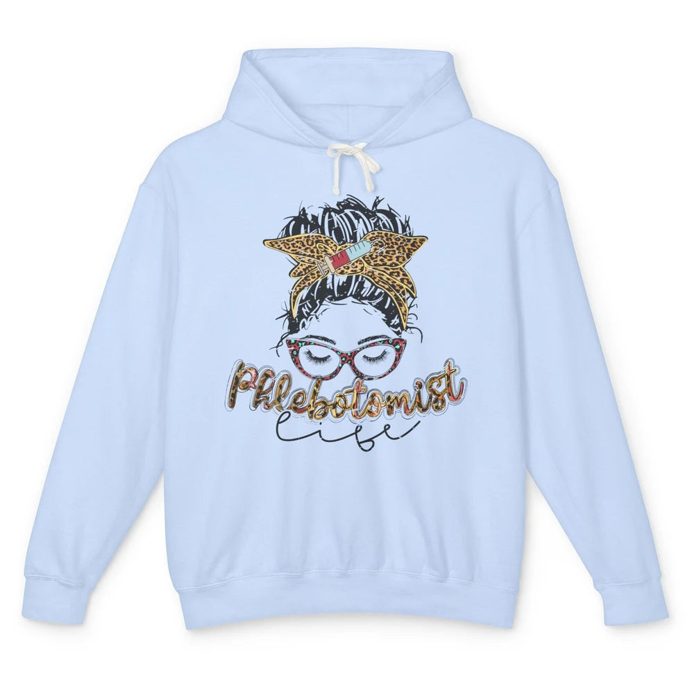 Retro Leopard Phlebotomist Life Messy Bun Mom Phlebotomy Unisex Lightweight Hoodie