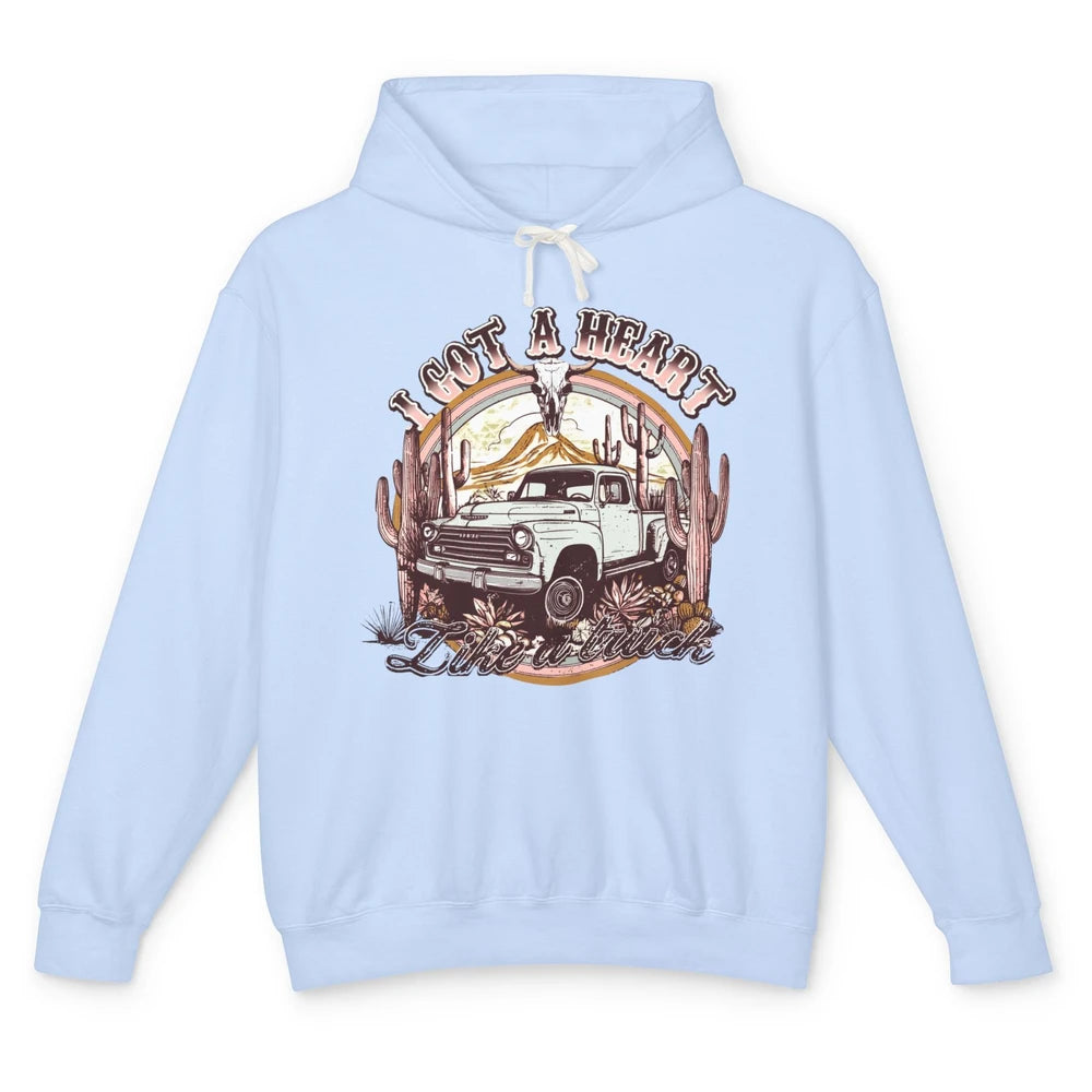 Retro Desert Bull Skull I Got A Heart Like A Truck Western Unisex Lightweight Hoodie