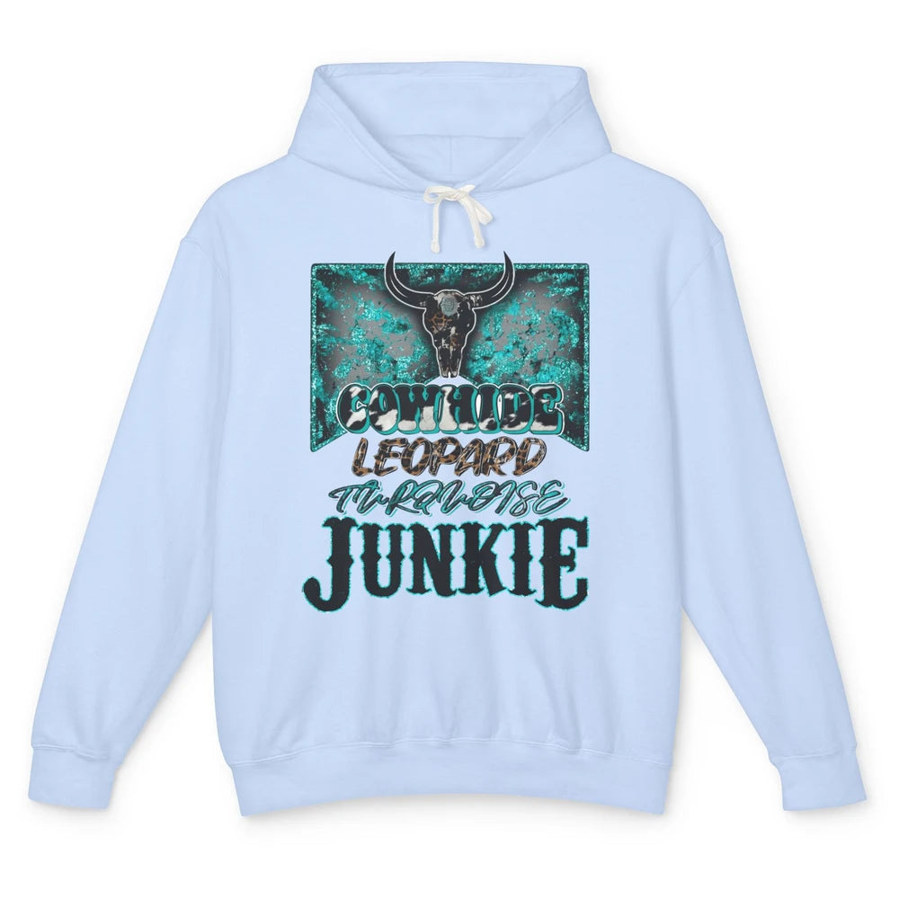 Bull Skull Cowhide Leopard Turquoise Junkie Western Country Unisex Lightweight Hoodie