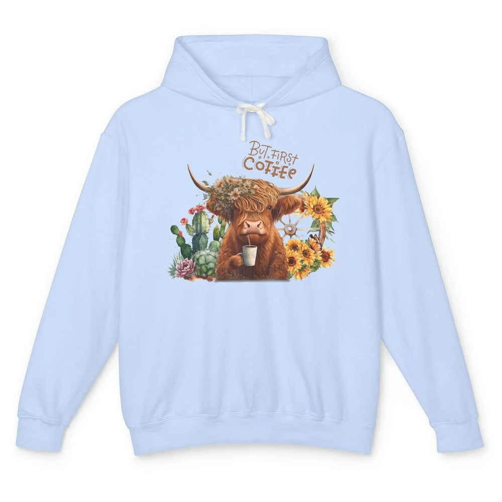 Desert Highland Cow But First Coffee Western Country Animal Unisex Lightweight Hoodie