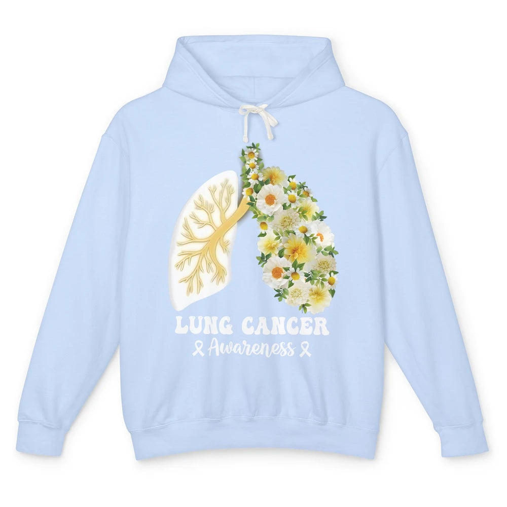 Floral Lung Cancer Awareness Warrior Wildflower White Ribbon Unisex Lightweight Hoodie