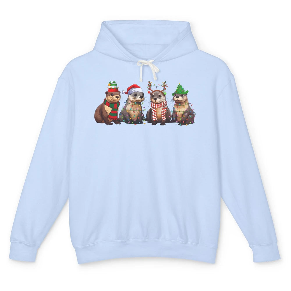 Otters Christmas Lights Sea Animal Christmas Otter Lovers Unisex Lightweight Hoodie