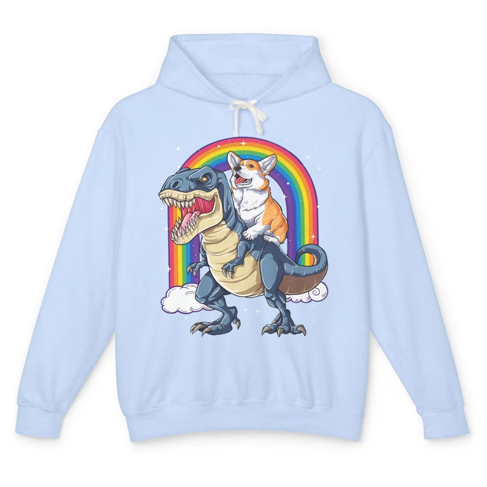 Funny Corgi Ride Dinosaur T Rex Cute Welsh Dog Pet Rainbow Unisex Lightweight Hoodie