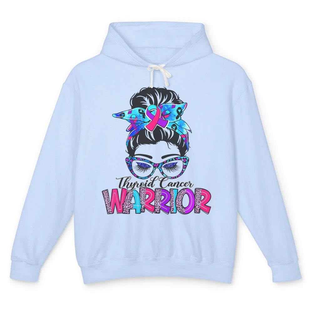 Messy Hair Bun Leopard Warrior Mom Thyroid Cancer Awareness Unisex Lightweight Hoodie