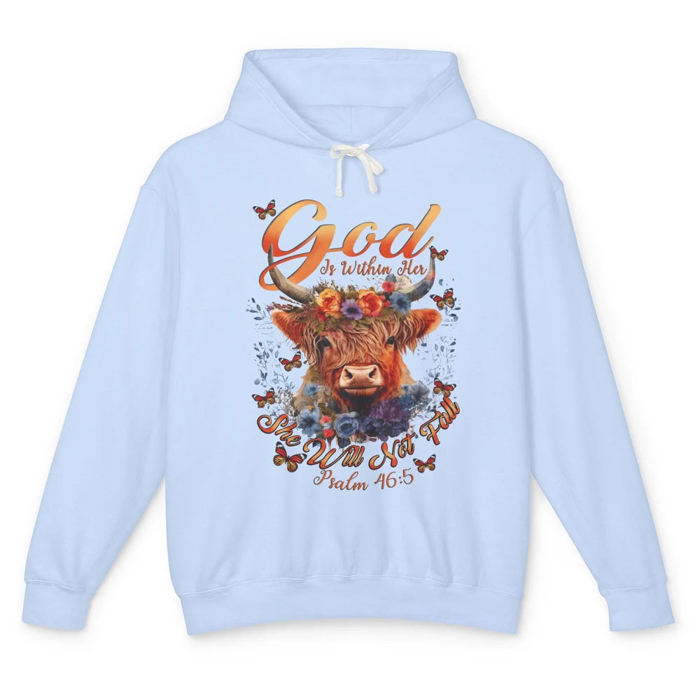 Christian Highland Cow God Is Within Her Bible Religious Unisex Lightweight Hoodie