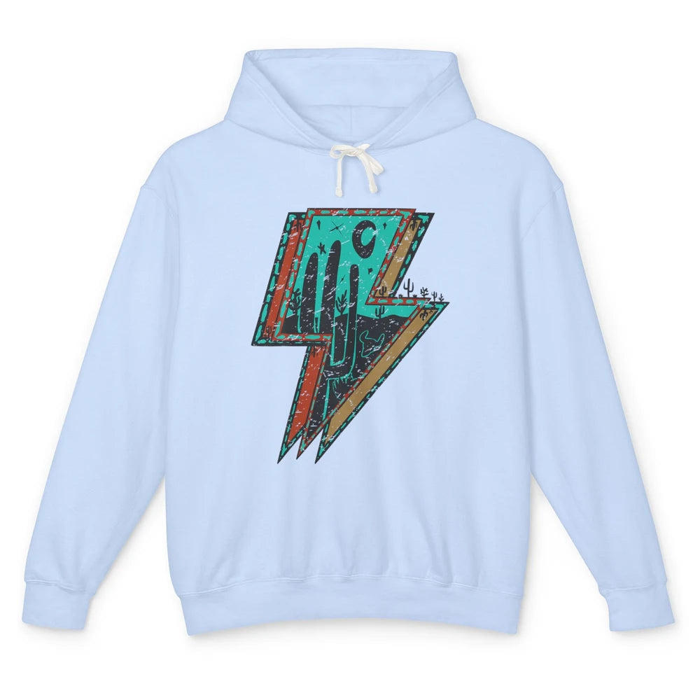 Retro Desert Cactus Night Turquoise Lightning Bolt Western Unisex Lightweight Hoodie