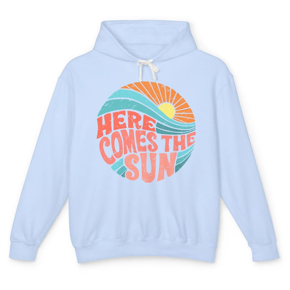 Retro Rainbow Sunrise Here Comes The Sun Hippie Girl Unisex Lightweight Hoodie