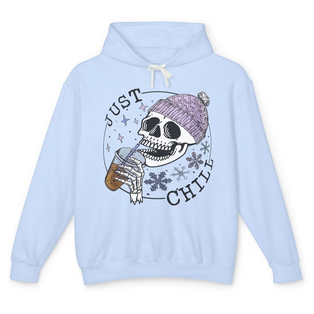 Funny Skeleton Coffee Just Relax Snowflakes Christmas Unisex Lightweight Hoodie