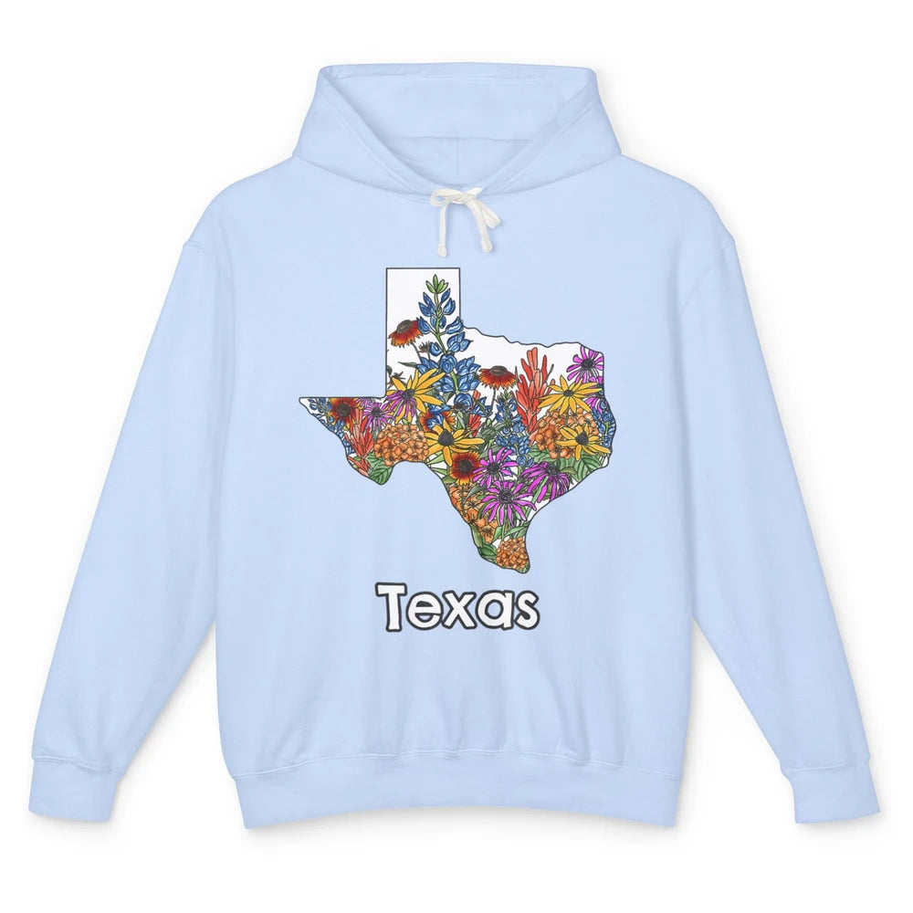 Texas Map Pride Wildflower Western Country Bluebonnet Flower Unisex Lightweight Hoodie