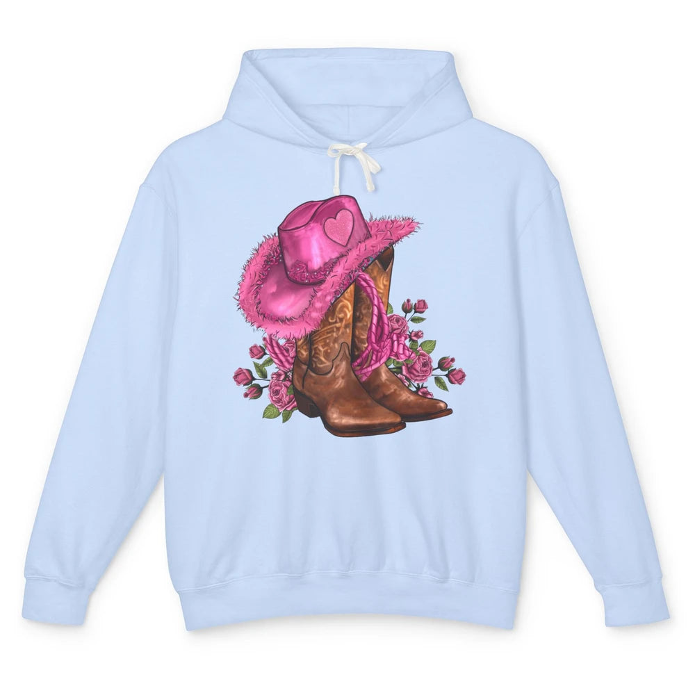 Valentines Day Hat Boots Cowgirl Pink Rose Flowers Retro Unisex Lightweight Hoodie