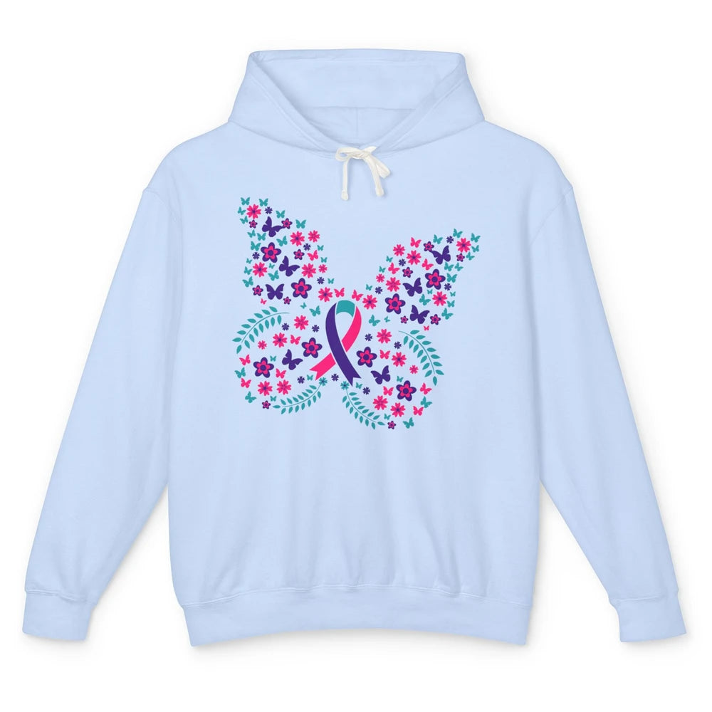 Floral Butterfly Teal Pink Warrior Thyroid Cancer Awareness Unisex Lightweight Hoodie