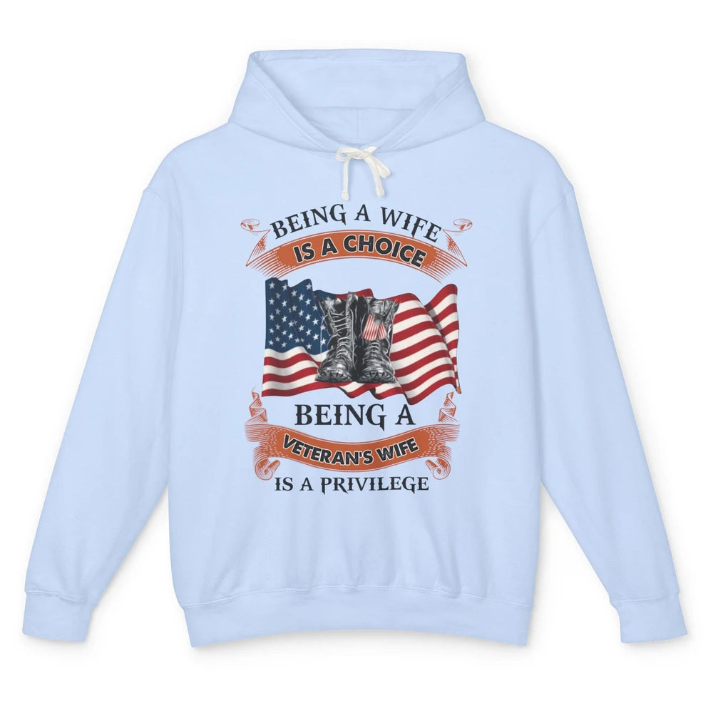 Retro US Flag Combat Boot Being Veteran's Wife Is Privilege Unisex Lightweight Hoodie