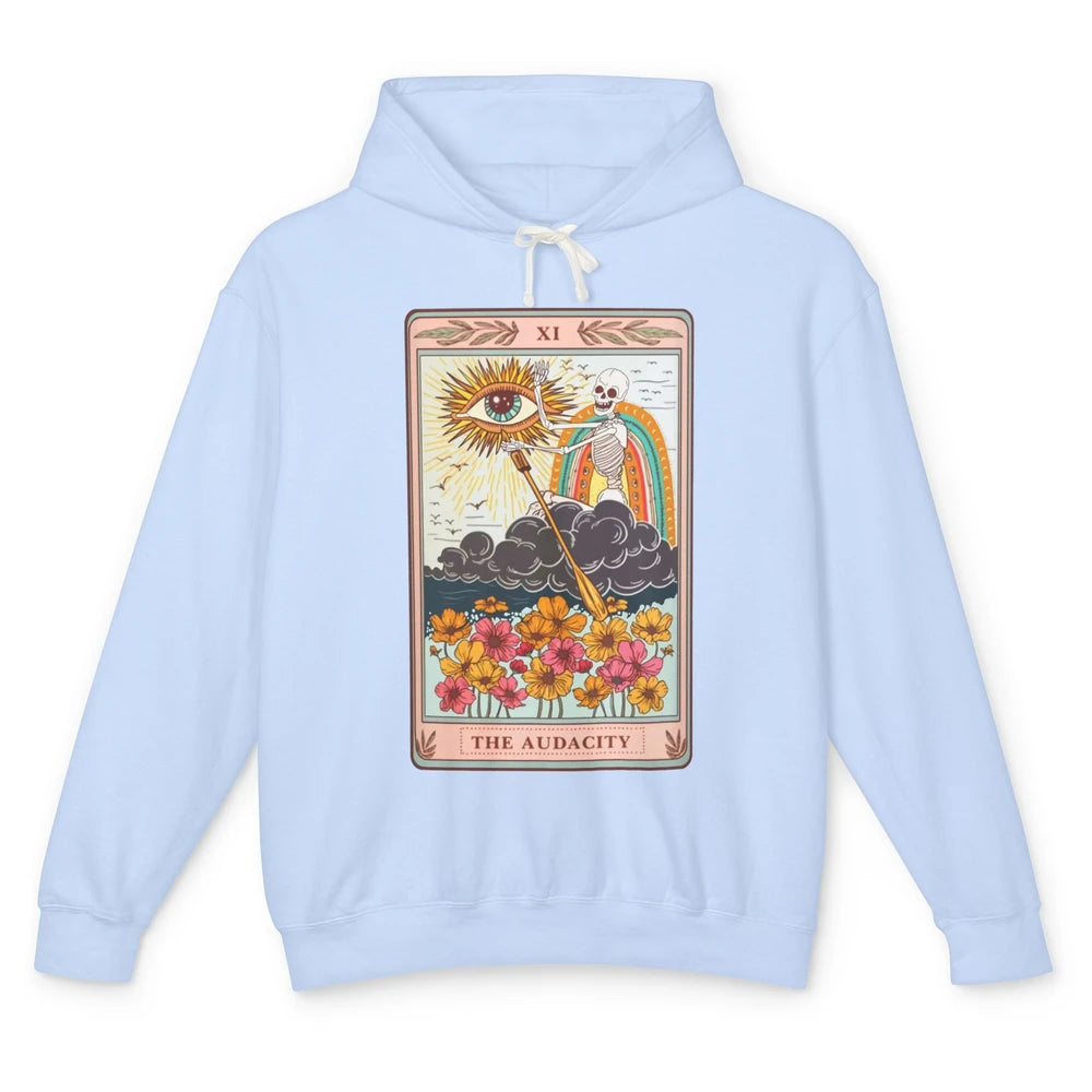 Retro Skeleton Riding Cloud The Audacity Tarot Card Rainbow Unisex Lightweight Hoodie