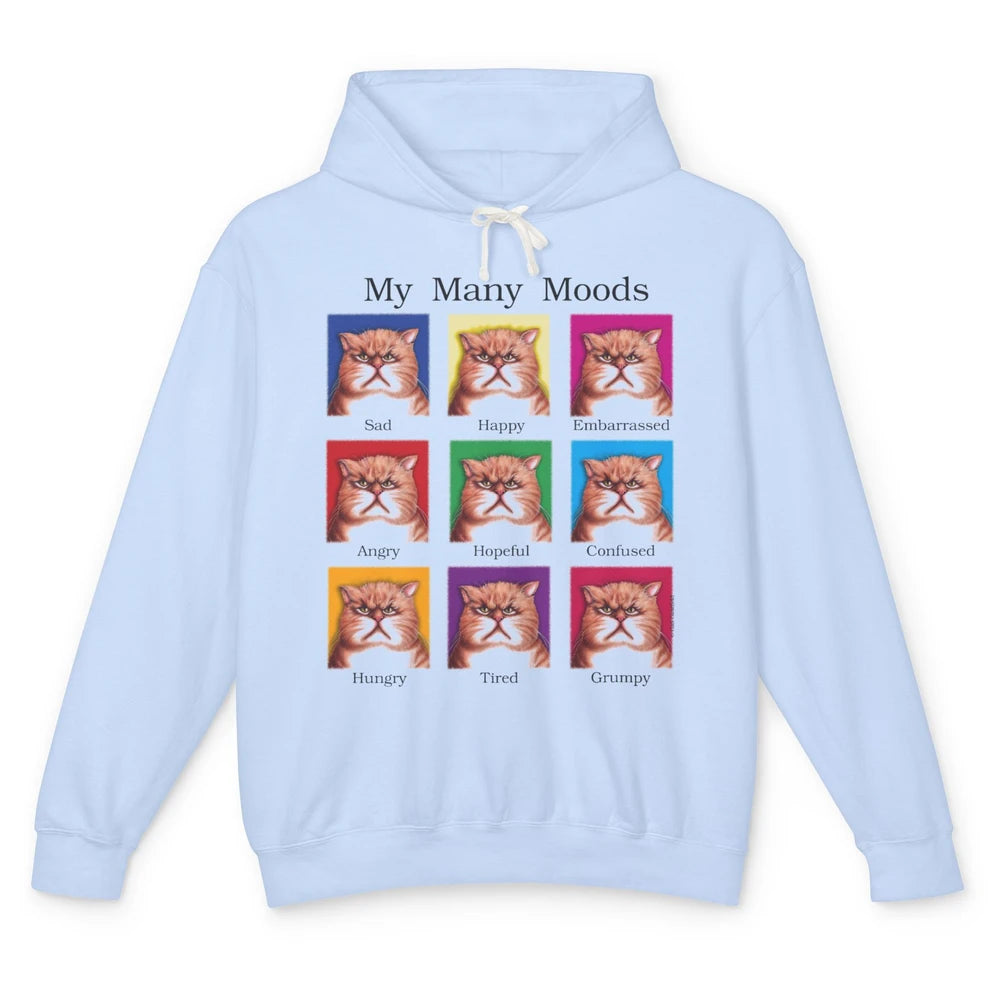 Funny My Many Moods Orange Cat Grumpy Face Kitten Pet Mom Unisex Lightweight Hoodie