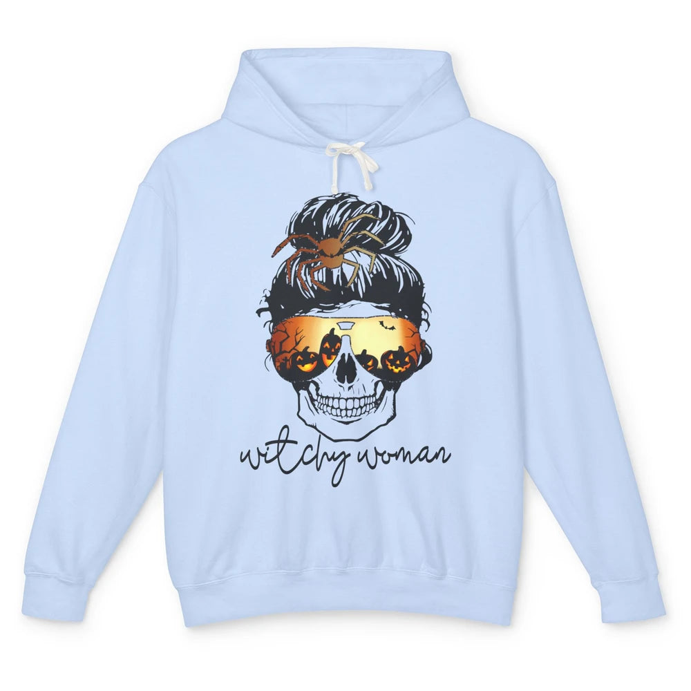 Witchy Woman Messy Bun Hair Skull Halloween Pumpkin Costume Unisex Lightweight Hoodie