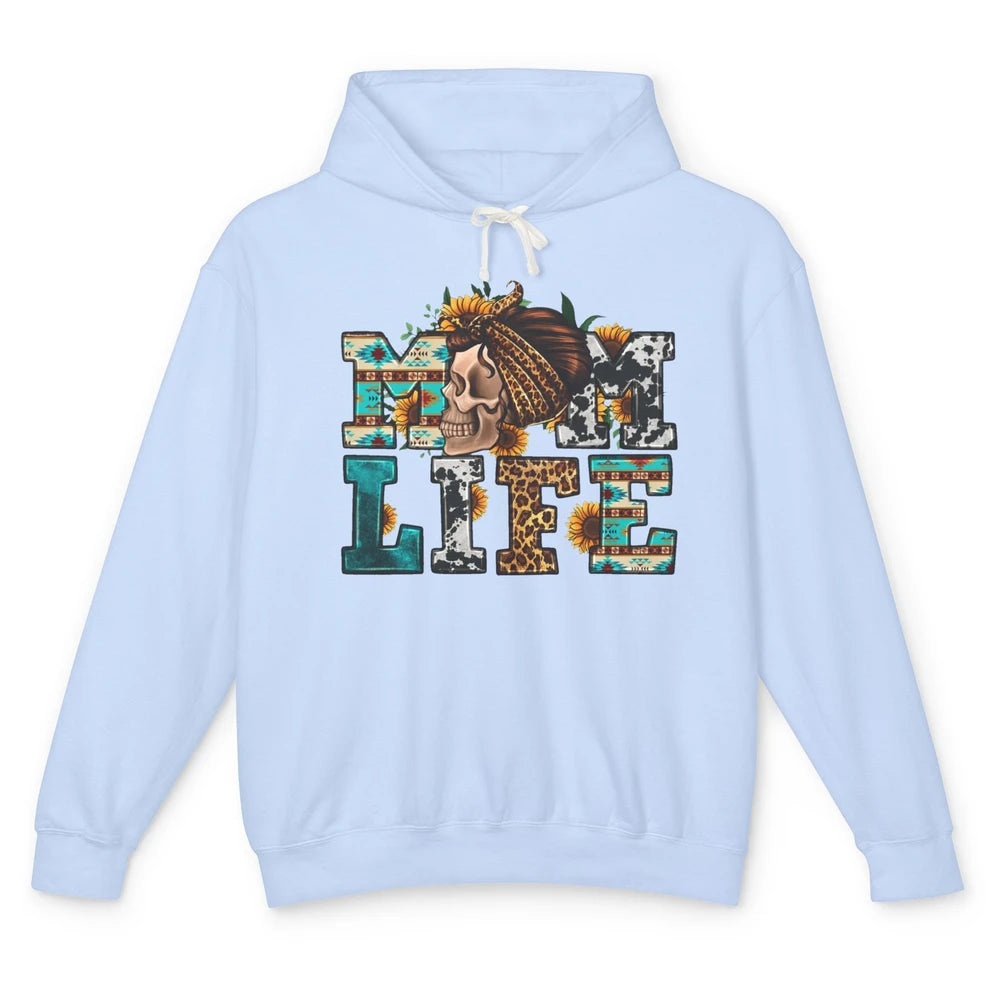 Sunflower Leopard Messy Bun Skull Mom Life Western Mama Life Unisex Lightweight Hoodie