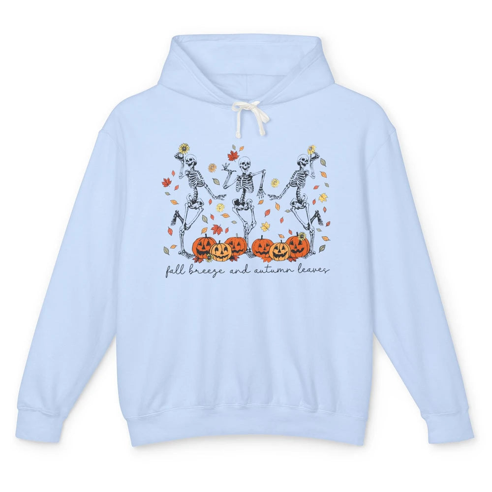 Retro Pumpkin Dancing Skeleton Fall Breeze And Autumn Leaves Unisex Lightweight Hoodie