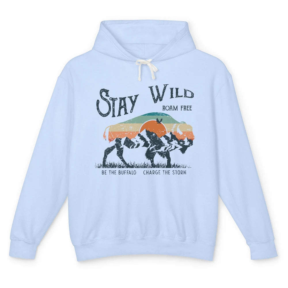 Retro Buffalo Mountain Sunset Stay Wild Roam Free Western Unisex Lightweight Hoodie