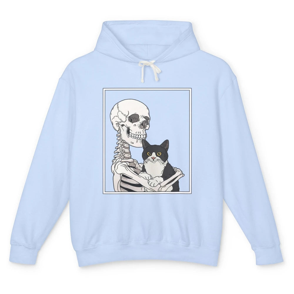 Skeleton Holding A Cat Lazy Halloween Costume Skull Kitten Unisex Lightweight Hoodie