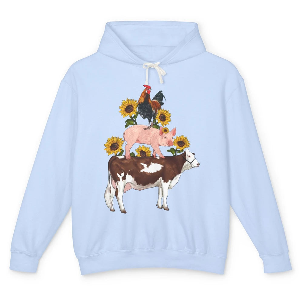 Sunflower Western Farm Life Animals Vegan Cow Pig Rooster Unisex Lightweight Hoodie