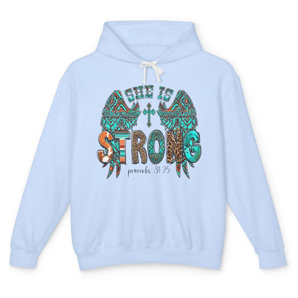 Leopard Turquoise Jesus Cross She Is Strong Bible Christian Unisex Lightweight Hoodie