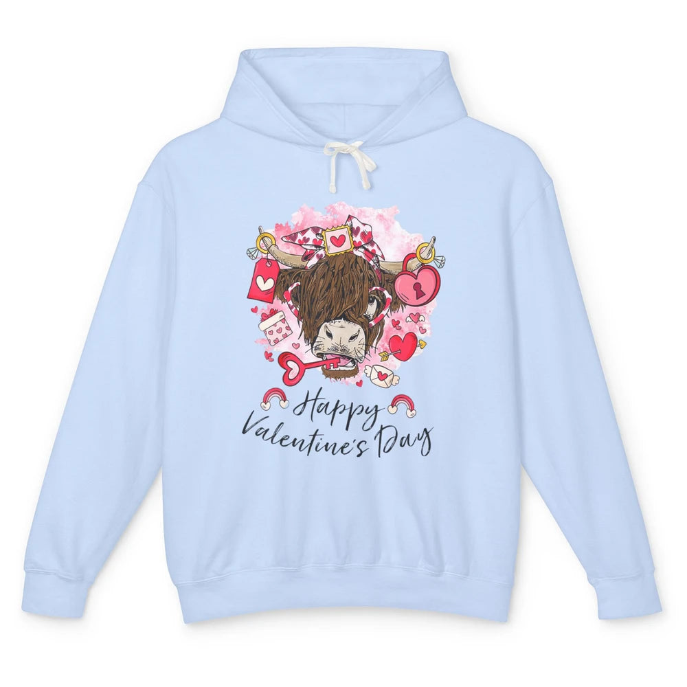 Cute Highland Cow Heart Western Happy Valentine Day Love Unisex Lightweight Hoodie