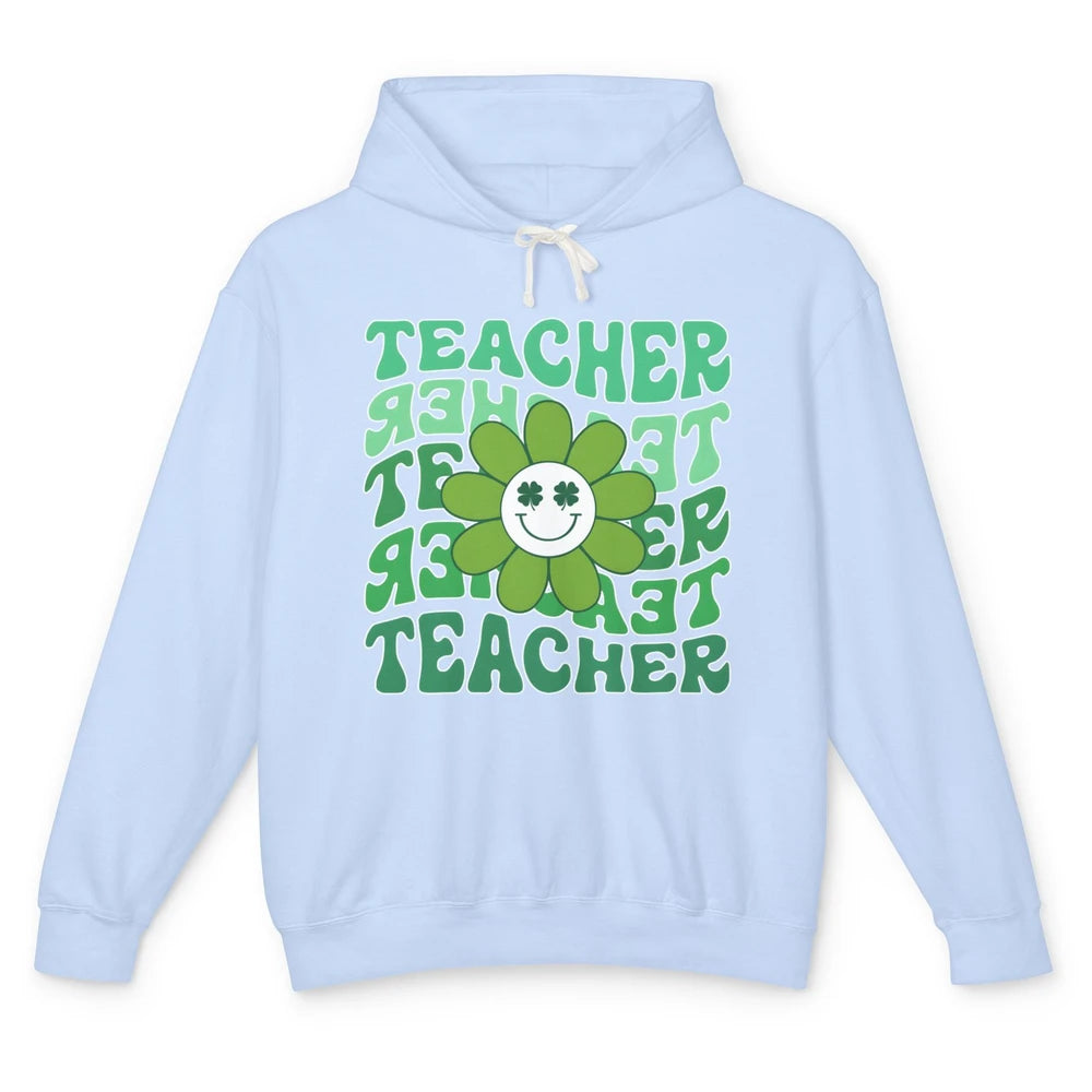 Retro Groovy Wavy Teacher Smiling Face Daisy St Patricks Day Unisex Lightweight Hoodie