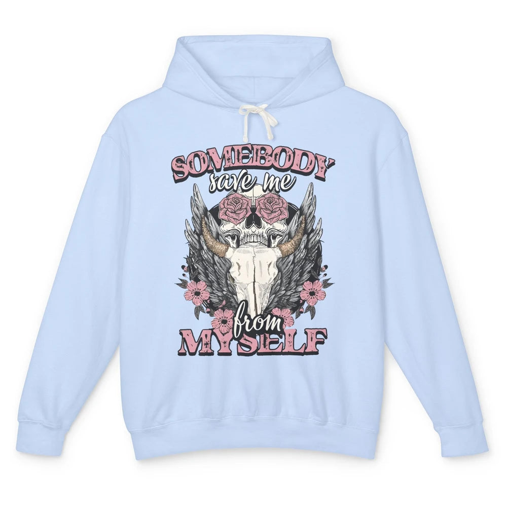 Retro Floral Bull Skull Somebody Save Me From Myself Western Unisex Lightweight Hoodie