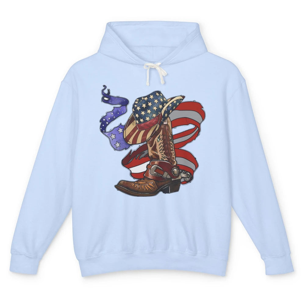 US Flag Cowboy Boots Hat Patriotic Cowboy July 4th Western Unisex Lightweight Hoodie