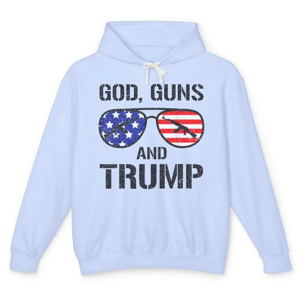 Funny God Guns Donald Trump Vote 2024 Glasses Republican Pun Unisex Lightweight Hoodie