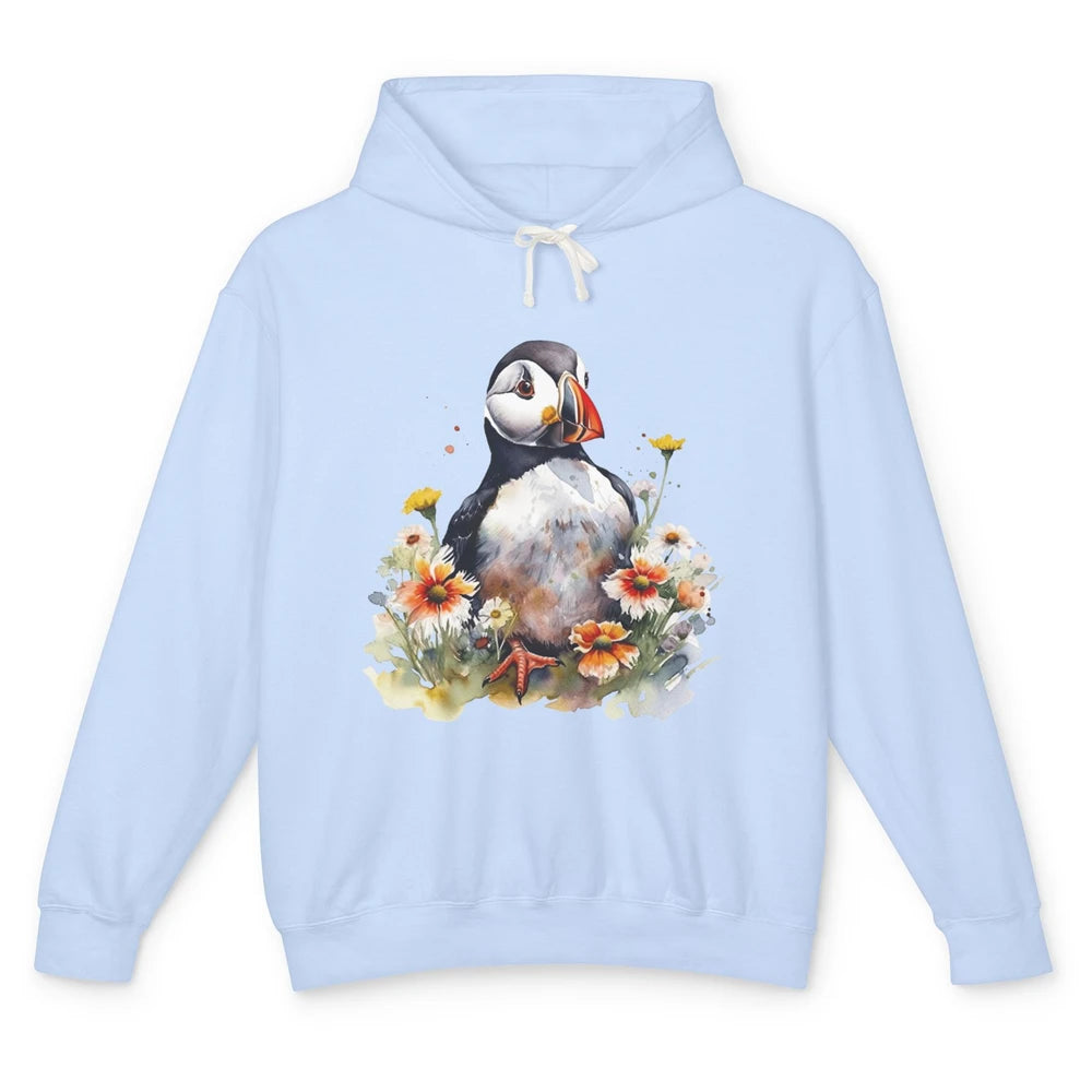 Funny Watercolor Penguin Colorful Wildflowers Field Animal Unisex Lightweight Hoodie