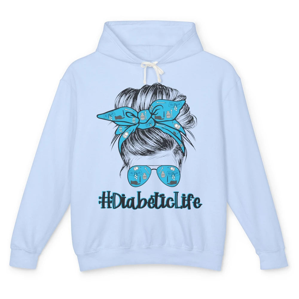 Diabetic Life Mom Messy Bun Blue Ribbon Diabetes Awareness Unisex Lightweight Hoodie