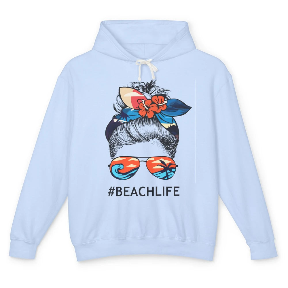 Beach Life Messy Bun Hawaiian Hair Retro Beach Palms Summer Unisex Lightweight Hoodie