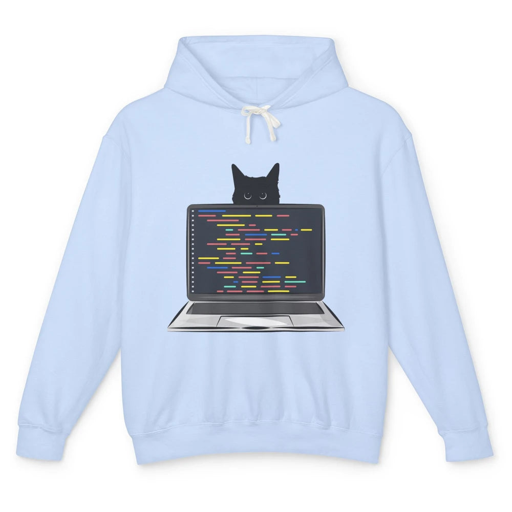 Funny Software Engineer Black Cat Coding Computer Code Humor Unisex Lightweight Hoodie