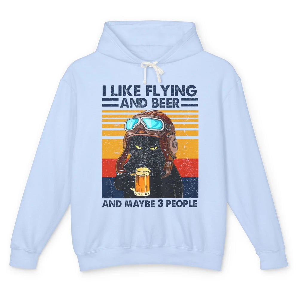 Funny Black Cat Skydiving I Like Flying Beer Maybe 3 People Unisex Lightweight Hoodie