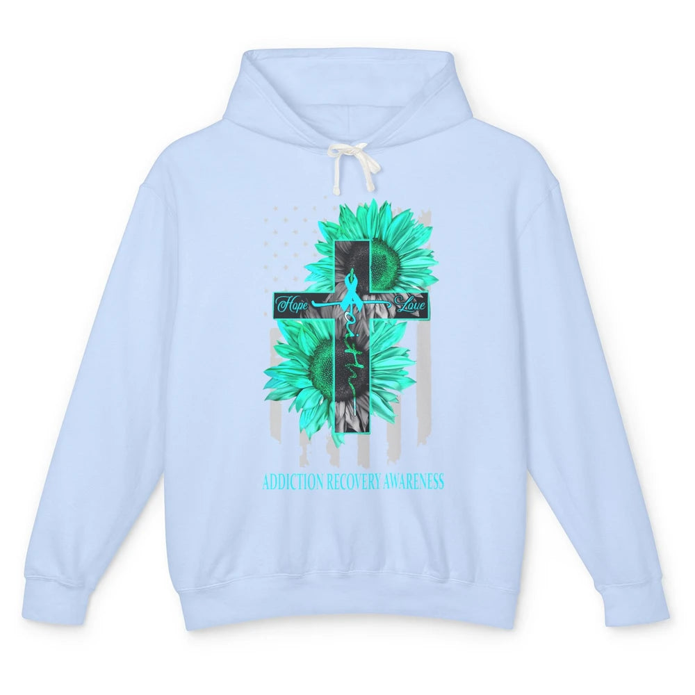 Addiction Recovery Faith Hope Love Teal US Flag Jesus Cross Unisex Lightweight Hoodie