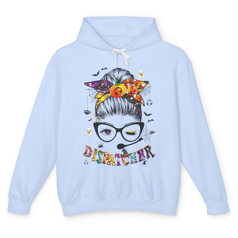 Spooky Dispatcher 911 Life Messy Hair Bun Woman Halloween Unisex Lightweight Hoodie